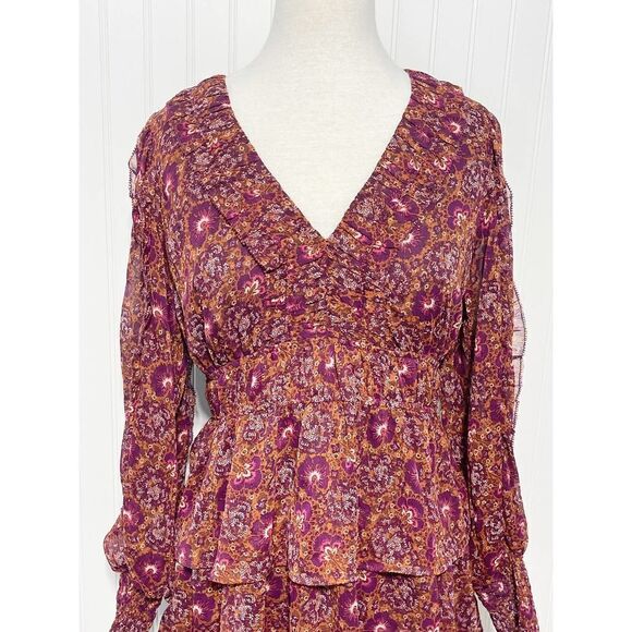 House of Harlow 1960 Batik Print V-Neck Mini Ruffle Tiered Dress Berry 10‎ - Picture 11 of 11